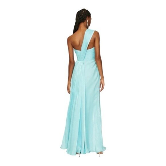 Badgley Mischka One-Shoulder Draped Shimmer Pleated Chiffon Evening Gown Size 12 - Picture 6 of 12